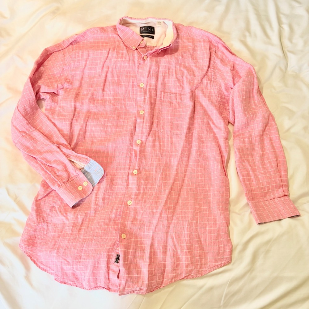MINE Mens Pink Windowpane 100% Linen Button Down Shirt Classic Fit Large